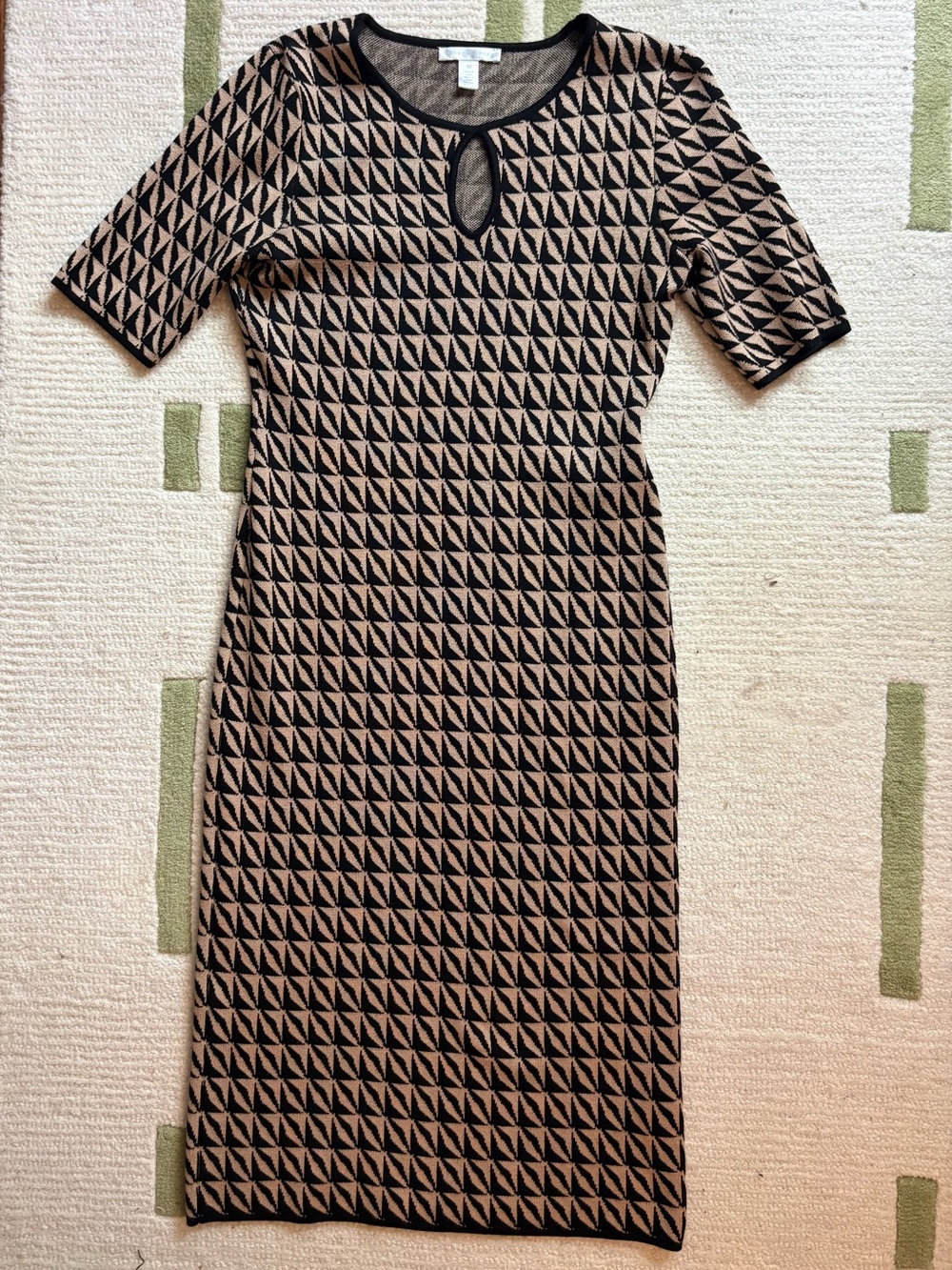 London Times Knit Midi Sweater Dress Black/Tan Geometric Print